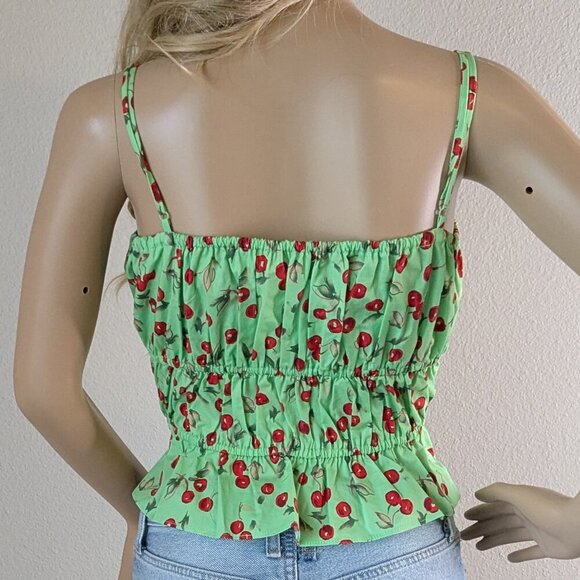 WAYF Top Size XL Green Red Paxton Camisole Stretch Cotton Cherry Print NWT Airy - Picture 3 of 16